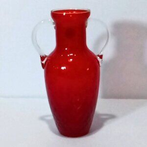 Vintage Lovely Red Art Glass Vase Double Clear Glass Handles 8" Tall